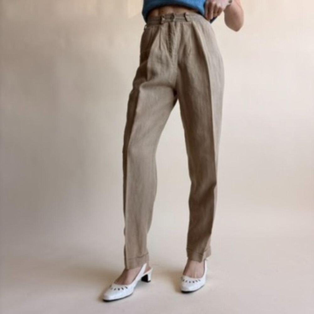Daniel Caron Brown Pleated Linen Trousers - High Waisted